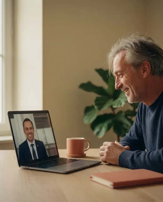 Un salarié senior souriant pendant son bilan retraite en visioconférence avec un expert