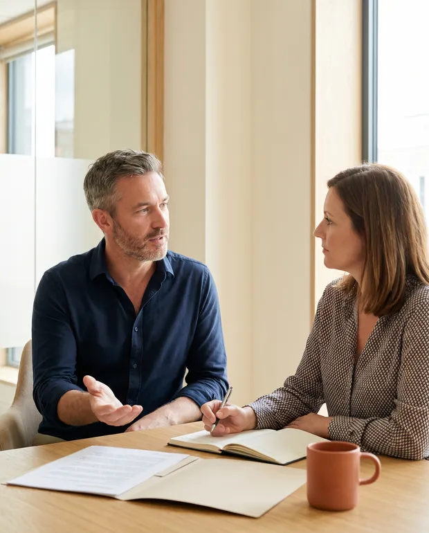 Un salarié senior pose une question à sa responsable RH lors de son entretien de fin de carrière