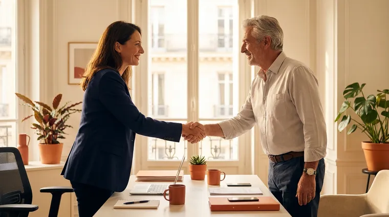 Une dirigeante et un salarié senior se serrent la main, souriants, dans un bureau lumineux