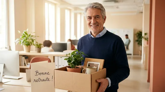 Un salarié senior souriant quitte l'entreprise pour la retraite, carton d'effets personnels en main