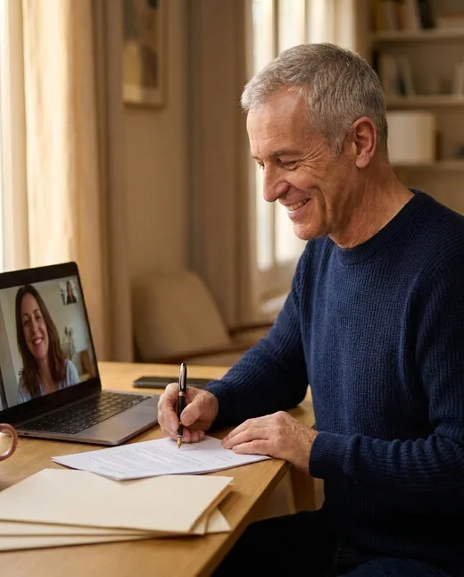 Un salarié senior souriant signe son dossier de départ en retraite, accompagné en visioconférence par une experte