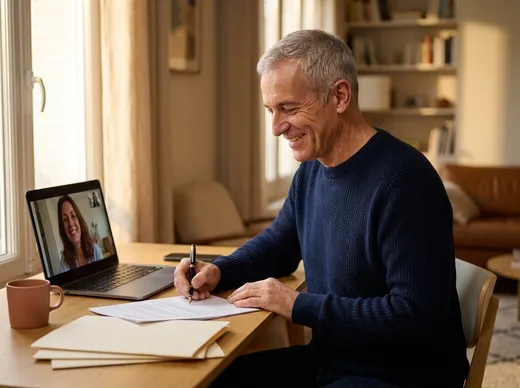 Un salarié senior souriant signe son dossier de départ en retraite, accompagné en visioconférence par une experte