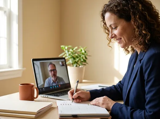 Une responsable RH planifie ses entretiens de fin de carrière, en visioconférence avec un expert retraite