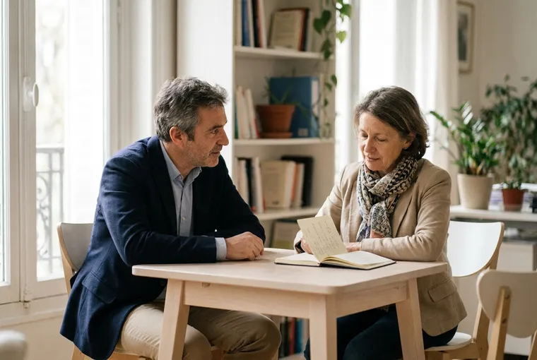 Un responsable RH et une salariée senior en entretien professionnel, un carnet ouvert sur la table, dans un bureau lumineux