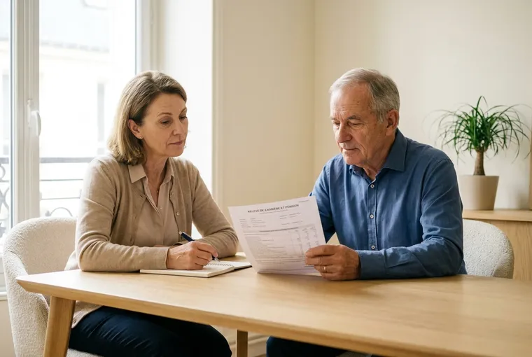 Une responsable RH et un salarié senior examinent ensemble un relevé de carrière lors d'un entretien de fin de carrière, dans un bureau lumineux