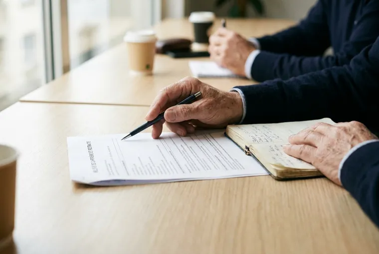 Gros plan sur un relevé de carrière posé sur une table, une main pointant une ligne avec un stylo, lors d'un entretien